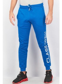 تصویر شلوار مردانه با فیت معمولی و بند کشی، با لوگوی برند، آبی برند cavalli class Men Regular Fit Drawstring Brand Logo Pants, Blue