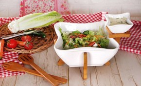 تصویر کاسه سالاد مربع با جای سس چوب سرامیک 