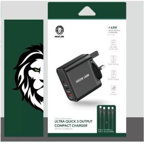 تصویر شارژر دیواری 63 وات گرین با کابل تایپ سی به تایپ سی و تایپ سی به لایتنینگ Green Ultra Quick 3 output Compact Charger 