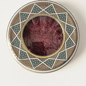 تصویر زعفران سرگل بیرجند 2 مثقالی ظرف خاتم فلزی طلای سرخ