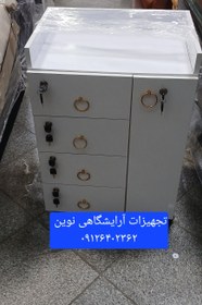 تصویر ترولی آرایشگاهی چوبی قفلداردررنگ بندی سفیدومشکی چرخدار 