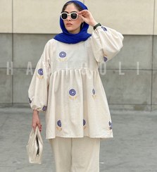 تصویر مانتو لینن مدل گل آبی حانی گلی 