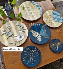 تصویر ست دیوار کوب آبی نفتی سورمه ای کرم طرح برجسته گل و پرنده چهار قل وانیکاد 