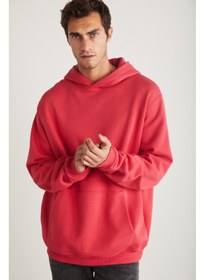 تصویر سویشرت صورتی مردانه جاردل با کلاه و جیب کانگورویی داخلی برند grimelange Jardel Men's Hooded Fleece Inside Kangaroo Pocket Pink Sweatshirt