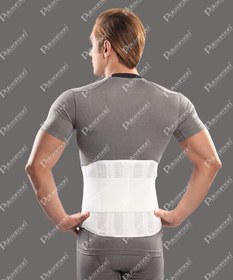 تصویر کمربند طبی سخت با کش پهن پاک سمن | کرست کمر طبی <br><br><p class="align">Paksaman Lumbosacral Corset (Hard Bar & Wide Strap)</p> 