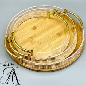 تصویر سینی 3تکه بامبو دسته طلایی لبه اکرولیک 3 Piece Bamboo Tray Golden Handle Acrylic Edge