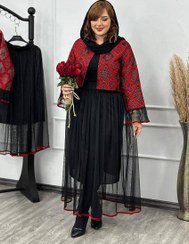 تصویر کت دامن یلدا جنس : کت تافته دامن تور استر دار رنگ بندی : ژورنال سایز ها : فریح فری از 36 تا 46 - قد کت حدود 45 - دورسینه حدود 105 - قد استین حدود 58- قد دامن حدود 95 - قد استر حدود 70 - کمر کشی و‌تا حدود 110 کشسانی دارد - پشت کت مشکی 