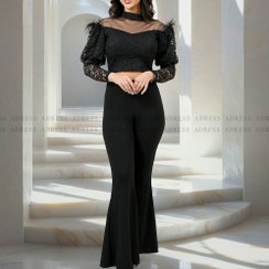 تصویر شومیز مجلسی زنانه سرشانه خزدار دانتل مشکی و سفید 