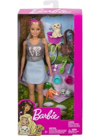 تصویر عروسک باربی با ست بازی شامل توله‌سگ و خرگوش برند barbie Barbie Loves Pets Doll with Puppy & Bunny Playset