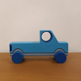 تصویر ماشین چوبی چرخدار و متحرک خام و بدون رنگ مناسب سیسمونی و اسباب بازی کودک 