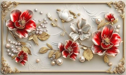 تصویر پوستر دیواری سه بعدی گل قرمز و طلایی با قاب سلطنتی و مروارید 