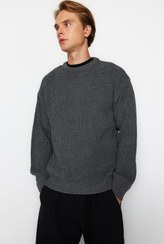 تصویر خرید اینترنتی پلیور مردانه سیاه ترندیول من TMNAW23KZ00189 Antrasit Erkek Oversize Fit Geniş Kalıp Bisiklet Yaka Basic Triko Kazak