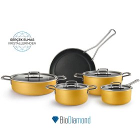 تصویر سرویس قابلمه 9 پارچه کاراجا رنگ زرد ا Karaca Mastermaid BioDiamond 9 Piece Cookware Set Yellow 