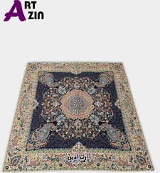 تصویر رومیزی ترمه یزد مربعی 7 رنگ ابریشم طرح افشار سرمه ای کد: ۱۶۳۶ 