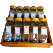 تصویر جا ادویه ۱۰تایی درب چوبی با ۲تا استند تک ردیف چوبی - شیشه ۱۲ سانت 