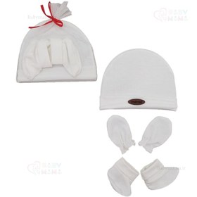 تصویر ست کلاه، دستکش و پاپوش نوزادی توری ساده 