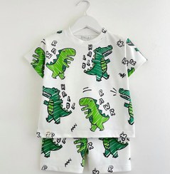 تصویر تی شرت و شلوارک دایناسور سبز | لباس کودک خنک و راحت (1 تا 9 سال) 