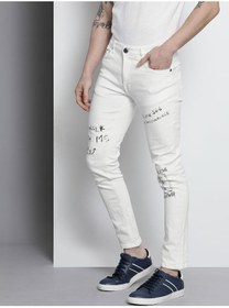 تصویر جین مردانه سفید نخی کشی با فیت اسلیم برند the indian garage co Men White Cotton Stretchable Slim Fit Jeans