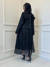 تصویر ست سه تیکه کت و دامن زنانه مشکی جنس مازراتی و گیپور 