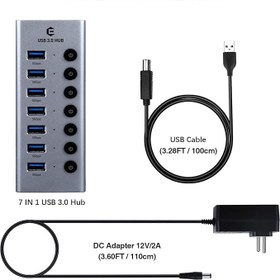 تصویر هاب 7پورت USB 3 با سوئیچ های جداگانه اداپتور دار 