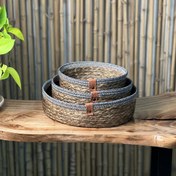 تصویر سبد گرد قهوه ای حصیری قیطان دوزی پک سه عددی 