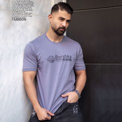 تصویر تیشرت مردانه Bershka برشکا رنگ طوسی نخ پنبه آستین و یقه کشی Breshka men's gray t-shirt