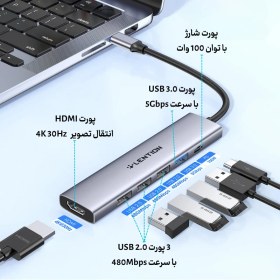 تصویر هاب شش پورت USB-C لنشن مدل CH17 Lention USB-C 6 in 1 Hub Adapter CH17