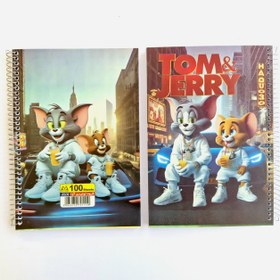 تصویر دفتر 100 برگ خط دار سیمی جلد طلقی مدل تام و جری 