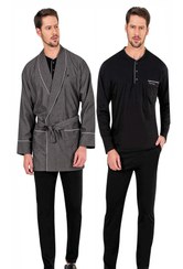 تصویر ست پیژامه و لباس خواب Pierre Cardin اورجینال مردانه برند پیرکاردین PC.5615.SYH Robe and Black Combed Cotton Long-sleeved Pajamas Groom's Dowry Set 