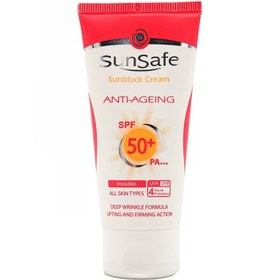 تصویر کرم ضد آفتاب و ضد چروک سان سیف بی رنگ مناسب انواع پوست SPF50 SunSafe Sunscreen Anti Aging invisible for all skin types SPF50