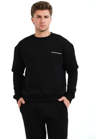 تصویر سویشرت مردانه آبی با یقه گرد و طرح گلدوزی شده از نوع پولار فلیس - ولار برند justever Crew Neck Embroidered Raised Polar Fleece Blue Men's Sweatshirt - Volar