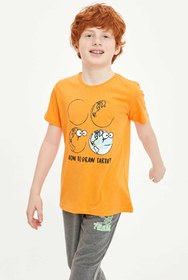 تصویر تیشرت یقه گرد چاپ دار نارنجی رنگ پسرانه کد: S0145A6OG120 
