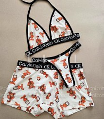 تصویر ست کاپلی زن و مرد سه تیکه نخی طرح گربیلد 