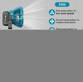 تصویر پنکه شارژی کنترل دار همراه با یک باتری ۲۱ ولت WaxPar با یک چراغ تعبیه شده در قسمت جلویی پنکه ا Compatible with Day plus Fan Cordless Jobsite Fan with LED Light, WaxPar Rechargeable Camping fan Compatible with Makita 18V Li-Ion Battery, Remote, 3 Wind/ Brightness Modes, Timer, Foldable Hook Compatible with Day plus Fan Cordless Jobsite Fan with LED Light, WaxPar Rechargeable Camping fan Compatible with Makita 18V Li-Ion Battery, Remote, 3 Wind/ Brightness Modes, Timer, Foldable Hook