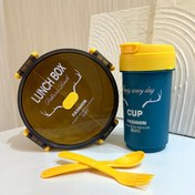 تصویر ظرف غذا و قمقمه دو طبقه همراه قاشق چنگال 