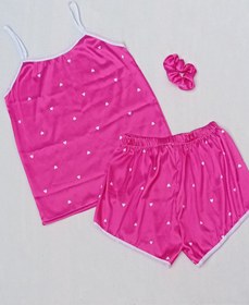 تصویر ست تاپ شورت زنانه ساتن طرح قلبی صورتی Women's tank top shorts set satin Pink heart design