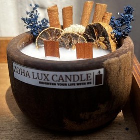 تصویر شمع کاسه چوبی با دیزاین لیمو دارچین، پرتقال دارچین،دریایی 