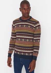 تصویر پلیور مردانه رنگارنگ برند trendyol man TMNAW21KZ0377 Bordo Erkek Slim Fit Bisiklet Yaka Jakarlı Kazak TMNAW21KZ0377