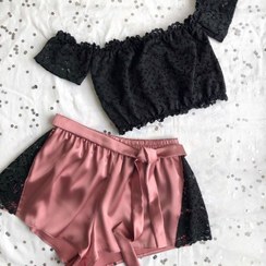 تصویر ست ۳تکه نیمتنه، شورت فانتزی و شورتک زنانه ساتن بغل تور و کمربندی کد M092 - نیمتنه Women's underwear set