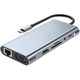 تصویر تبدیل Type-c به Lan/HDMI/VGA/TF/SD/AUDIO/TYPE-C/USB HUB 11 IN 1 ADAPTER