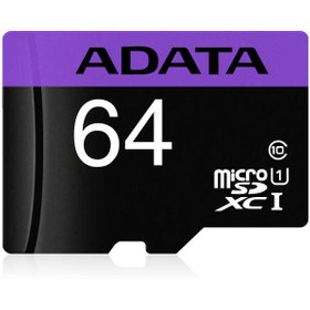 تصویر کارت حافظه microSDXC ای دیتا مدل Premier کلاس 10 استاندارد UHS-I سرعت 80MB/s ظرفیت 64GB ADATA 64GB Class 10 80MB/s 10MB/s