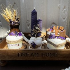 تصویر ست شمع کاسه چوبی و شمع موم عسلی در رنگ های متنوع. سینی و گلدان چوبی قابل سفارش 