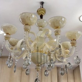 تصویر لوستر کریستالی مورانو گوی دار رنگ کرم Beige Crystal Chandelier Morano