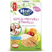 تصویر غذای کمکی کودک ارگانیک هرو بیبی هشت غله و میوه با شیر 200 گرم Hero Baby Serlak eight grains and fruit milk 200gr