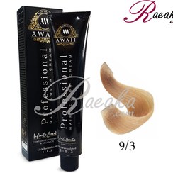 تصویر رنگ مو کد 3-9 رنگ بلوند طلایی خیلی روشن حجم 120 میل آوایی Awaii hair color, code 3-9, volume 120 ml, very light golden blonde color