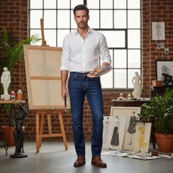 تصویر شلوار جین راسته مردانه رانگلر رنگ آبی کاربنی نخ دوخت طلایی مدل JR-ACT 