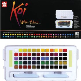 تصویر آبرنگ ۶۰ رنگ ساکورا آبزنگ ۶۰ رنگ ساکورا 60 رنگ قرص نیمه به هم راه دو عدد واتربراش ( قلمو مخزن دار ) ساکورا پالت جدا شونده به علاوه دو عدد اسفنج