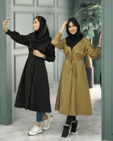 تصویر مانتو بلند دو یقه آستین مچی زنانه سایز ۱ و ۲ رنگ طوسی و مشکی و سبز و نسکافه ای و سورمه ای 