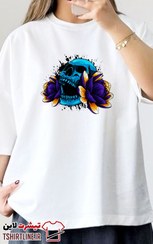 تصویر تیشرت زنانه باکسی اورجینال طرح اسکلت و گل بنفش flower | کد 103 