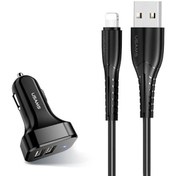 تصویر شارژر فندکی 2 پورت یوسامز با کابل لایتنینگ Usams NTU35TC13TZ Car Charger Kit King TU Lightning Cable 